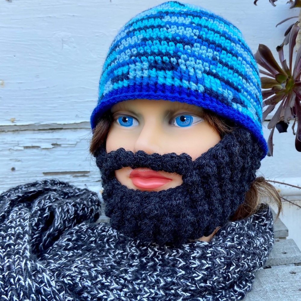 Crocheted beanie with beard.